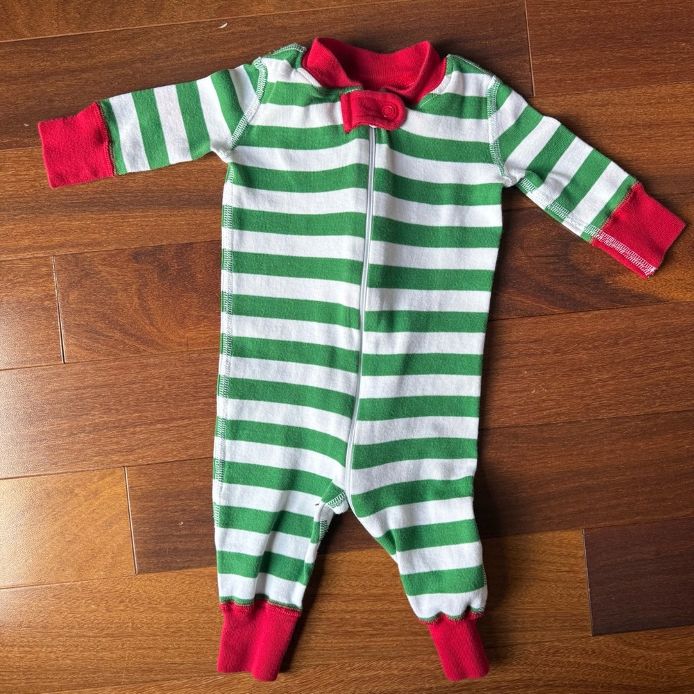 Hanna Andersson Green and White Striped Footie with Red Trim